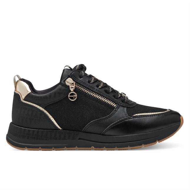Tamaris Womens Black Gold Fashion Lace-Up Zipped Sneakers Trainers