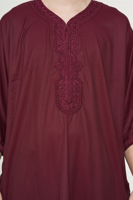 Men's Wine Red Moroccan Thobe Jubba Robe Eid Djellaba Gandoura - HM62