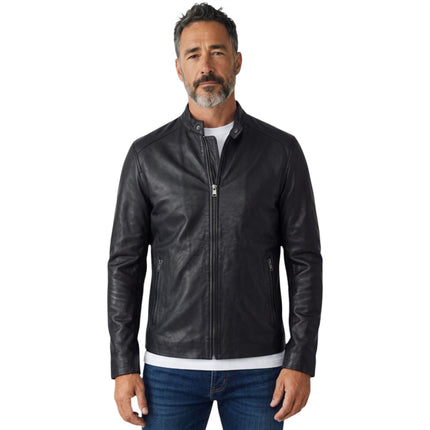Mens Leather Black Stand Collar Cafe Racer Biker Jacket - E184