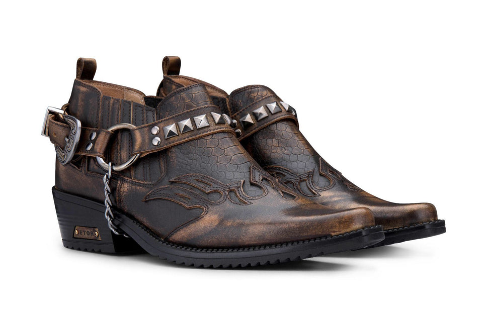 Men’S Brown Croc Leather Winklepicker Studded Western Biker Boots
