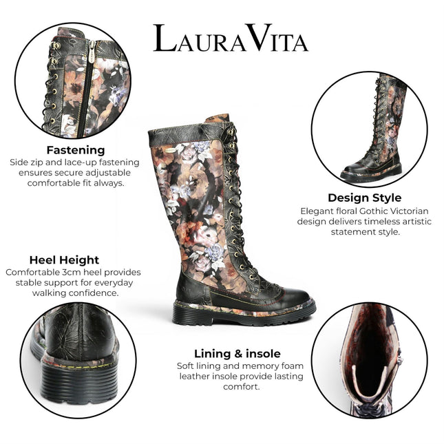 Laura Vita Women's Maroon Gothic Victorian Floral Black Leather Knee-High Lace-Up Boots - Incaso-50