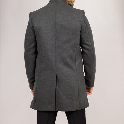 Men's Grey Stand Collar Wool Blend Overcoat