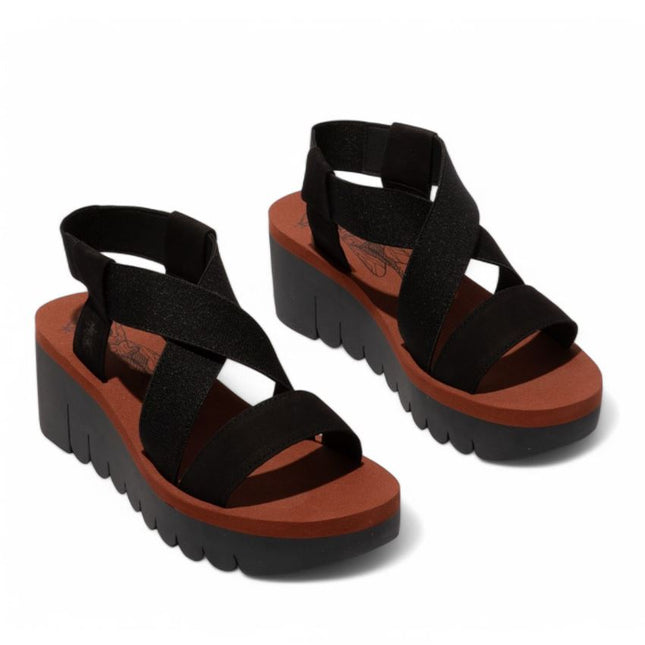 Fly London Women's Yabi922Fly Black Brick Cupido Leather Wedge Sandals
