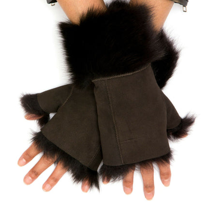 Womens Shearling  Mittens Fingerless Cuffs Toscana Suede Sheepskin Fur