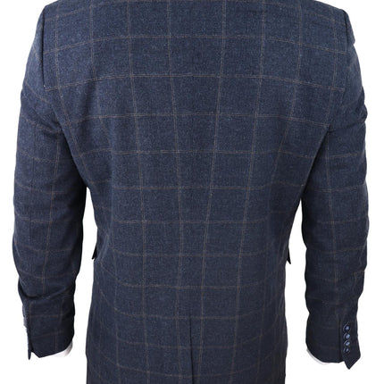 Mens 3 Piece Wool Suit Navy Blue Tweed Check Peaky Blinders 1920 Gatsby Formal