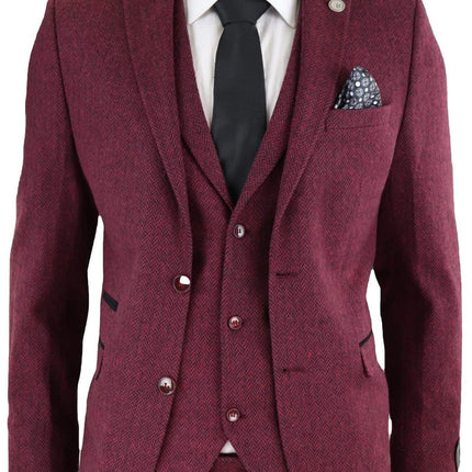 Mens 3 Piece Wine Herringbone Wool Tweed Retro Suit