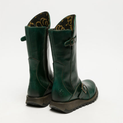 Fly London Womens Green Mes 2 Wedge Heel Buckle Mid-Calf Leather Zip Platform Boots