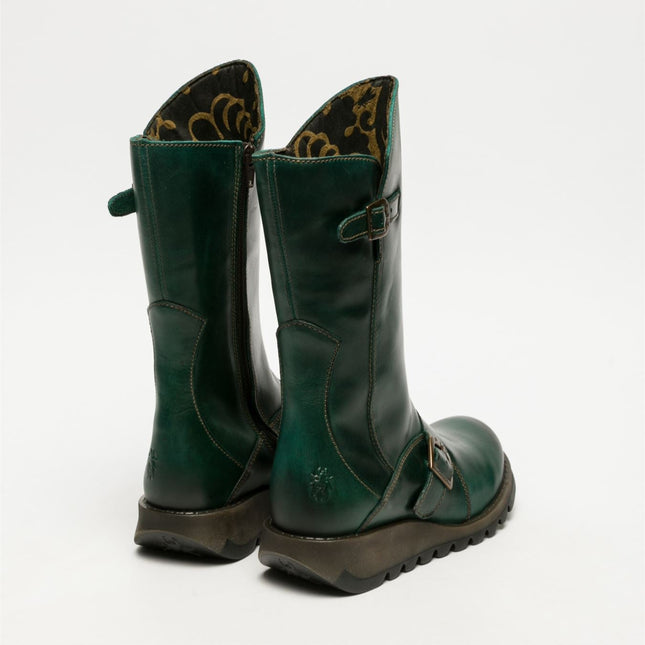 Fly London Womens Green Mes 2 Wedge Heel Buckle Mid-Calf Leather Zip Platform Boots