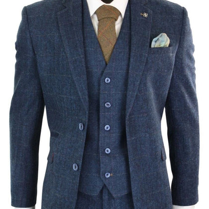 Mens 3 Piece Navy Blue Tweed Herringbone Vintage Classic Suit