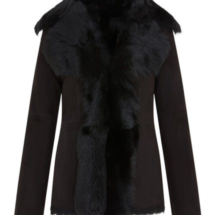 Women's Black Sheepskin Toscana Shearling Suede Leather Jacket - Noiré