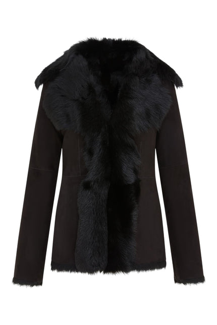 Women's Black Sheepskin Toscana Shearling Suede Leather Jacket - Noiré