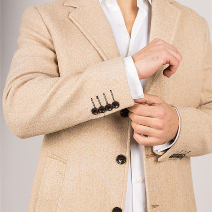 Men's Notched Lapel Collar Wool Blend Beige Overcoat