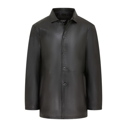 Men's Black Leather Long Collared Car Coat Jacket - Berry
