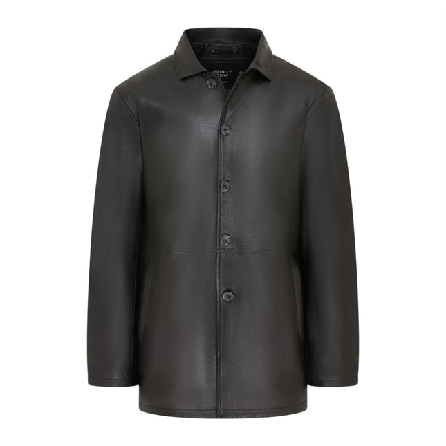Men's Black Leather Long Collared Car Coat Jacket - Berry