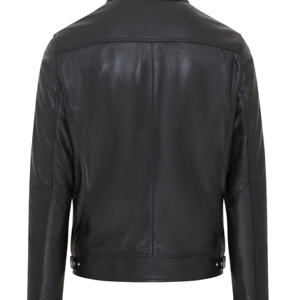 Men's Black Striped Café Racer Biker Leather Motorcycle Jacket