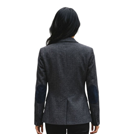 Women's Black Herringbone Wool Tweed Blazer Waistcoat 2 Piece Set - WS-1