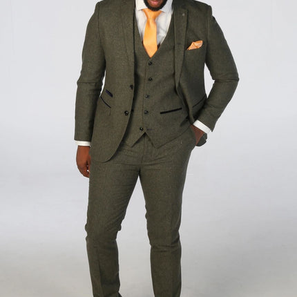 Men's Olive Green Wool Blend Tweed Formal Trousers