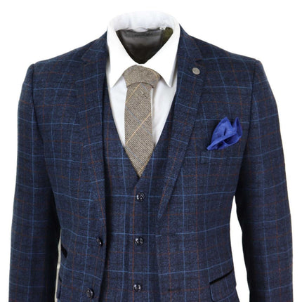 Mens 3 Piece Navy Blue Tweed Check Vintage Suit