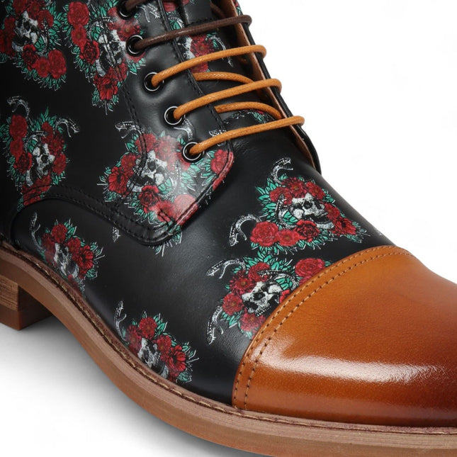 Justin Reess Men's Brown Floral Skull Print Leather Oxford Ankle Boots - Adam Skull