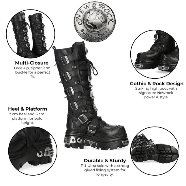 New Rock M-161-C10 Knee High Black Leather Spiked Gothic Boots