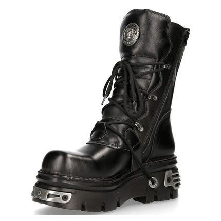 New Rock Unisex Black Leather Gothic Mid-Calf Boots - 373-S4