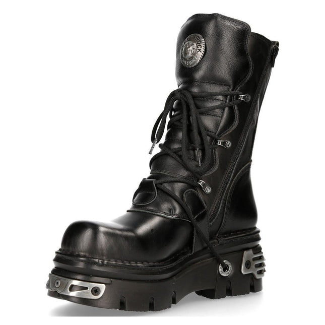 New Rock Unisex Black Leather Gothic Mid-Calf Boots - 373-S4