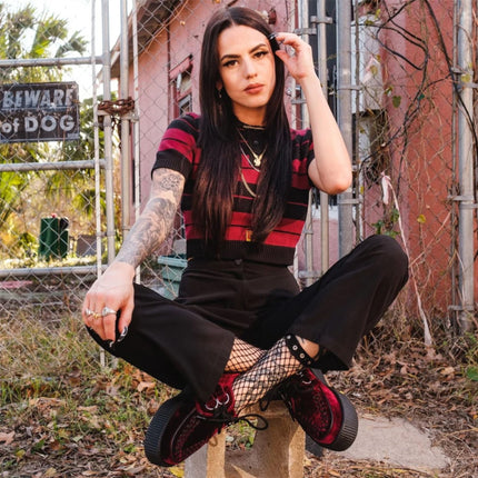 TUK Viva High Creeper Burgundy Velvet Platform Lace-Up Goth Shoes - AV6802