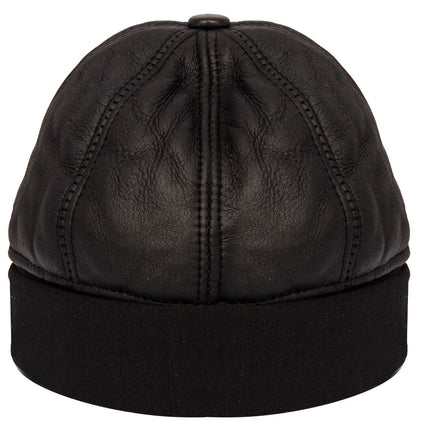Mens Leather Black Beanie Hat 100% Sheepskin Winter 6 Panel Hat One size
