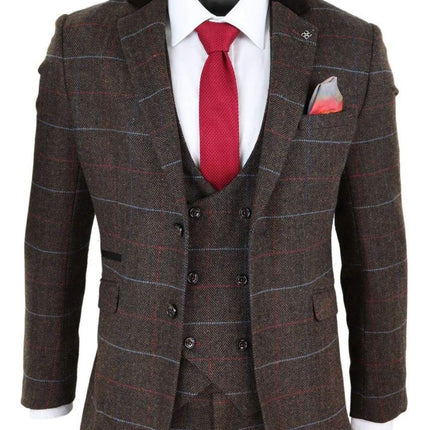 Mens 3 Piece Dark Brown Check Tweed Herringbone Vintage Classic Suit