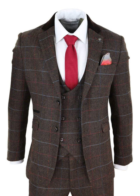 Mens 3 Piece Dark Brown Check Tweed Herringbone Vintage Classic Suit