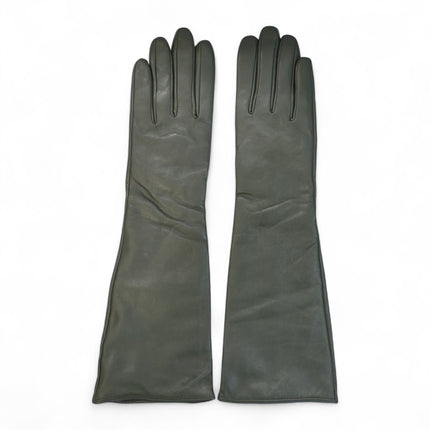 Womens Long Olive Green Italian Leather Winter Soft Wool Lining Gloves