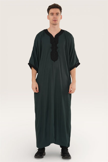 Men's Green Black Moroccan Thobe Jubba Robe Eid Djellaba Gandoura