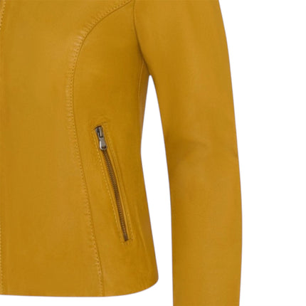 Womens Yellow Leather Stand Collar Racer Biker Jacket - 181