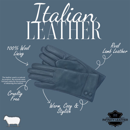 Womens Teal Green Italian Leather Winter Button Design Soft Wool Lining Gloves - L-GLV-501