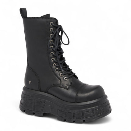 Windsorsmith Womens Black Mid-Calf Biker Leather Platform Combat Boots - Screaming