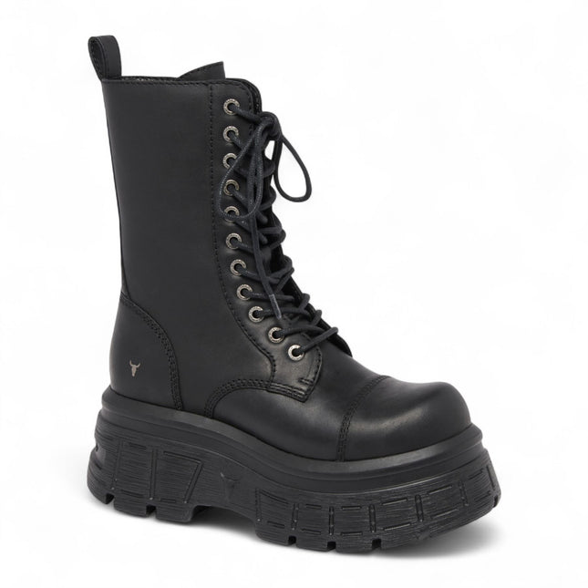 Windsorsmith Womens Black Mid-Calf Biker Leather Platform Combat Boots - Screaming