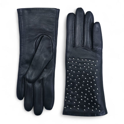 Womens Black Italian Leather Winter Studded Design Soft Wool Lining Gloves - L-GLV-601