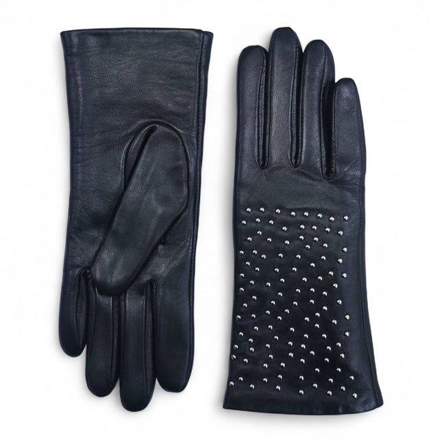 Womens Black Italian Leather Winter Studded Design Soft Wool Lining Gloves - L-GLV-601
