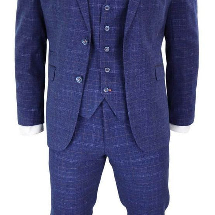 Mens 3 Piece Blue Tweed Check Vintage Classic Suit