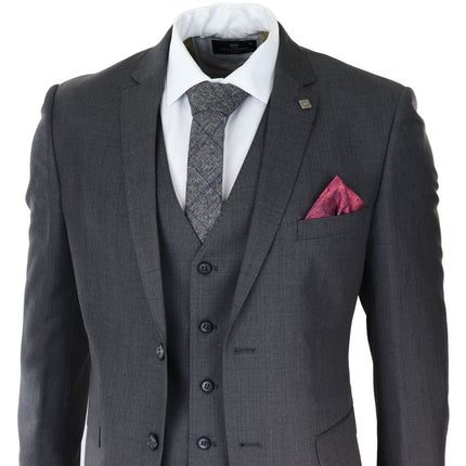 Mens 3 Piece Charcoal Grey Classic Stitch Retro Suit