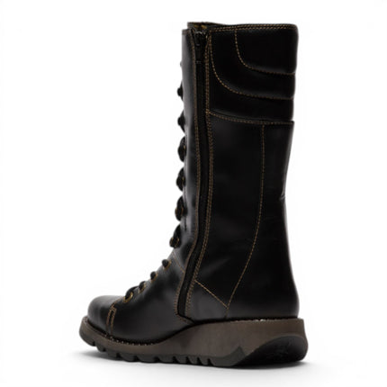 Fly London Women’s Black Leather Lace-Up Combat Ankle Boots- STER768