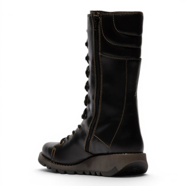 Fly London Women’s Black Leather Lace-Up Combat Ankle Boots- STER768