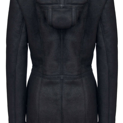 Womens Black Hooded Merino Sheepskin Jacket-Mandalay