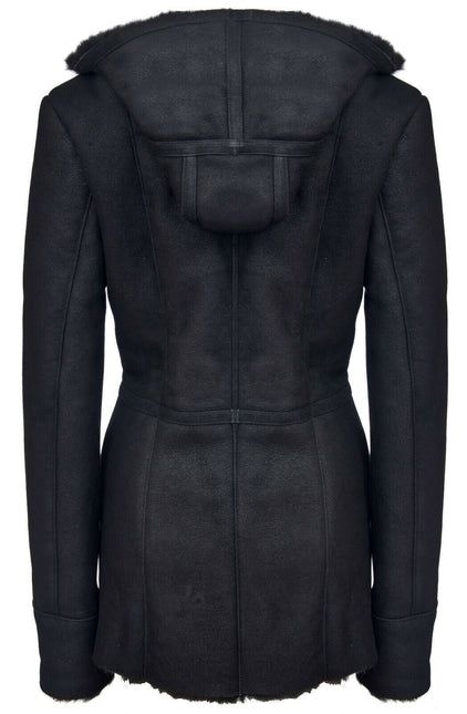 Womens Black Hooded Merino Sheepskin Jacket-Mandalay