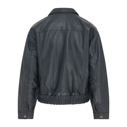 Womens Navy Leather Biker Bomber Oversized Jacket - Blouson