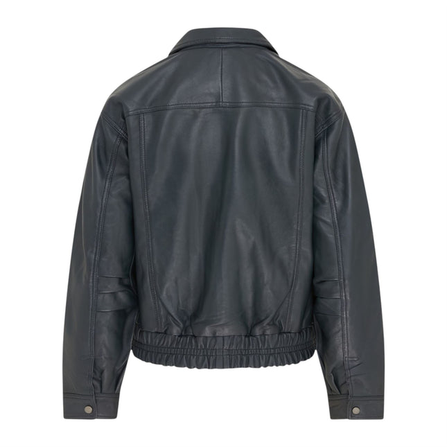 Womens Navy Leather Biker Bomber Oversized Jacket - Blouson