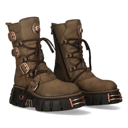 New Rock Brown Leather Gothic Mid-Calf Biker Boots - M-373XL-C120