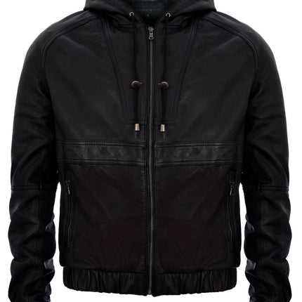 Men’s Casual Leather Hooded Bomber Jacket-Odesa