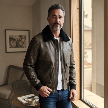 Mens Brown Leather Aviator Bomber Jacket - Lunar