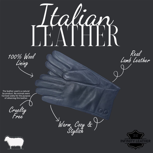 Womens Black Italian Leather Winter Button Design Soft Wool Lining Gloves - L-GLV-501